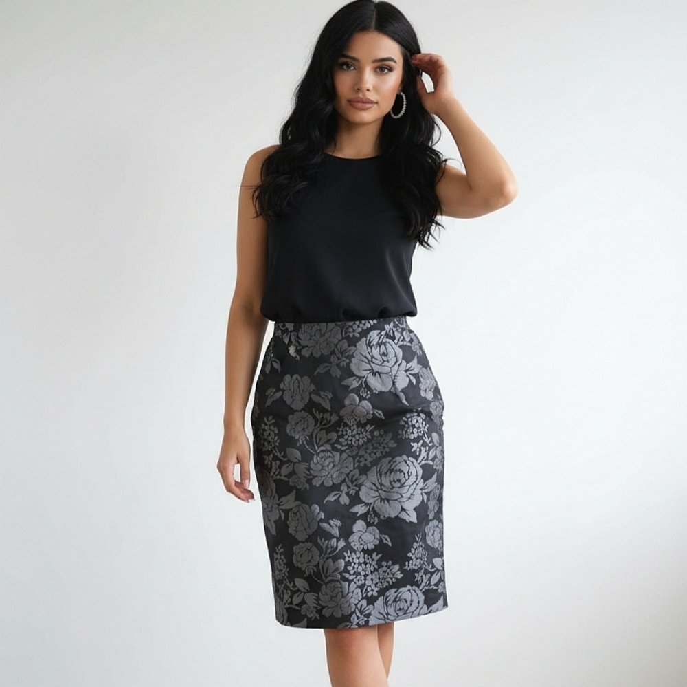 WHITE House Black Market skirt brocade black roses